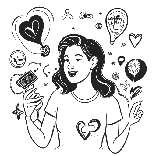 Dibujo de arte lineal de una mujer sosteniendo un micrófono, con un logo de donación en forma de corazón y varios íconos de organizaciones benéficas en el fondo, representando los livestreams benéficos de Sssniperwolf.