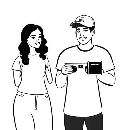 Line art drawing of a woman with another man, both holding video cameras, with a YouTube logo and 'Dhar Mann' text in the background, representing Sssniperwolf's collaboration with Dhar Mann.