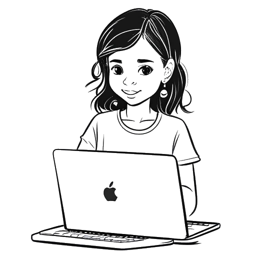 Strichzeichnung eines Mädchens, das eine Actionfigur hält, mit einem eBay-Logo auf einem Laptop im Hintergrund, das Sssniperwolf's frühes eBay-Geschäft darstellt.