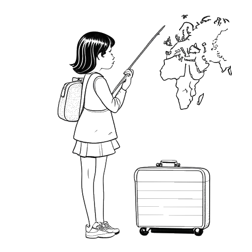 Dibujo de arte lineal de una chica con una maleta, representando a Sssniperwolf, frente a un mapa que muestra Inglaterra y Arizona.