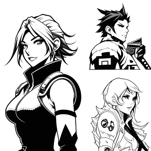 Dessin en noir et blanc de trois couvertures de jeux, Metal Gear Solid, Digimon et Spyro, avec le visage d'une femme représentant Sssniperwolf en arrière-plan.