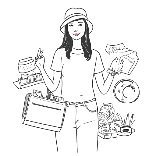 Dibujo de arte lineal de una mujer sosteniendo varios artículos de mercancía, como camisetas, gorras y llaveros, representando la línea de mercancía de Sssniperwolf.