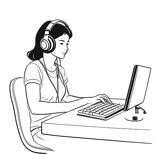 Dibujo de arte lineal de una mujer sentada frente a una computadora, usando auriculares y un casco, con un reloj que muestra medianoche en el fondo, representando los hábitos nocturnos de Sssniperwolf.