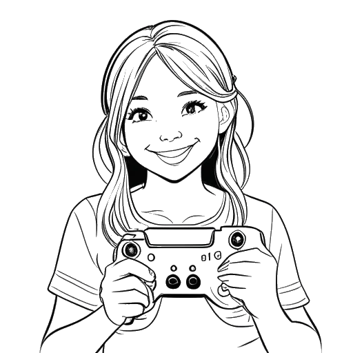 Dibujo de arte lineal de una chica sosteniendo un controlador de PlayStation One, representando a Sssniperwolf, con una consola PlayStation One en el fondo.