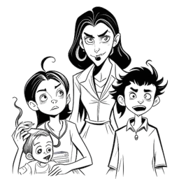 Line art drawing of KallMeKris portraying her vampire-obsessed 12-year-old self, her Boston bro-dude character named Chad, her fed-up mom character, and her tiny-handed toddler character, all together in one frame.