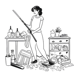 Line art drawing of a woman representing KallMeKris, cleaning a house with various cleaning tools and supplies around her.