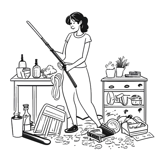 Line art drawing of a woman representing KallMeKris, cleaning a house with various cleaning tools and supplies around her.