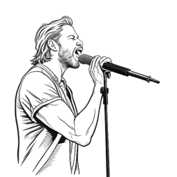 Dibujo de arte lineal de KallMeKris en una escena del video musical 'San Quentin' de Nickelback, sosteniendo un micrófono mientras interpreta 'Rockstar' con la banda en el escenario.