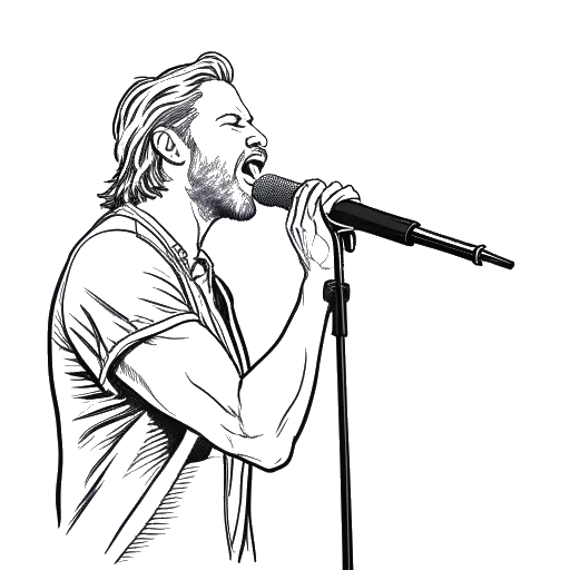 Dessin en trait de KallMeKris dans une scène du clip musical 'San Quentin' de Nickelback, tenant un microphone tout en interprétant 'Rockstar' avec le groupe sur scène.