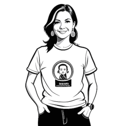 Line art drawing of KallMeKris wearing a t-shirt with her 'Otto By Kris' clothing brand logo, holding a Juno Award trophy, and standing beside the Canadian Music Hall of Fame logo.