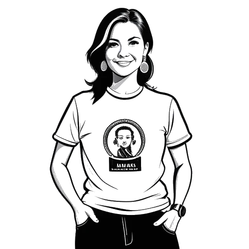 Line art drawing of KallMeKris wearing a t-shirt with her 'Otto By Kris' clothing brand logo, holding a Juno Award trophy, and standing beside the Canadian Music Hall of Fame logo.