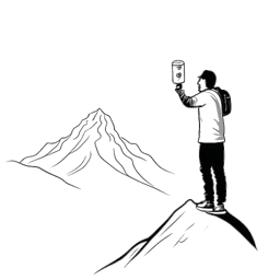 Line art drawing of KallMeKris holding a can of Red Bull while standing on top of a mountain in British Columbia. The number '10M' is written in the sky.