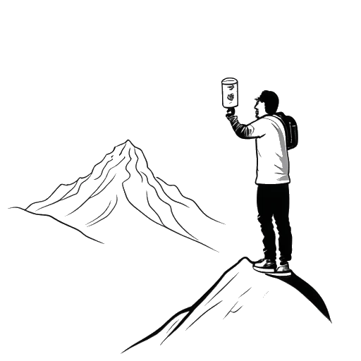 Desenho em arte linear de KallMeKris segurando uma lata de Red Bull enquanto está no topo de uma montanha na Colúmbia Britânica. O número '10M' está escrito no céu.
