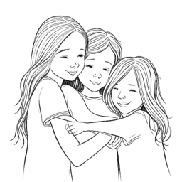 Dibujo de arte lineal de una chica que representa a KallMeKris, con cabello largo, abrazando a sus hermanos menores, un niño y una niña.