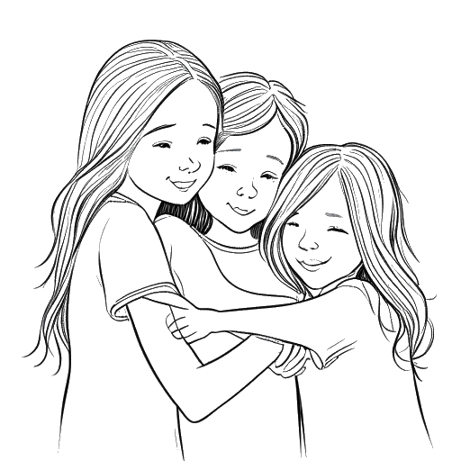 Line art drawing of a girl representing KallMeKris, with long hair, embracing her younger siblings, a boy and a girl.