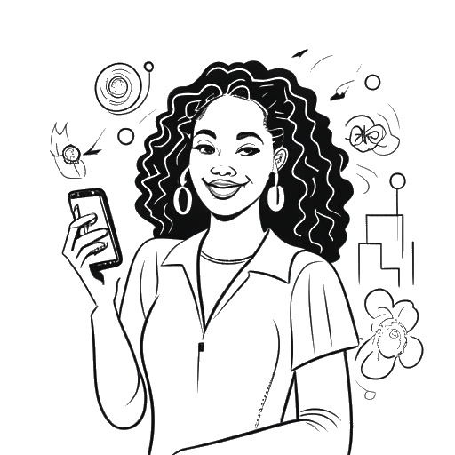 Line art drawing of a woman, representing KallMeKris, with her signature hairstyle and a smartphone in hand. She exudes confidence and charisma, symbolizing her success as a social media influencer. In the background, there are depictions of entrepreneurship, such as a storefront and a dollar sign, emphasizing her financial achievements. The drawing is in black and white on a white background.