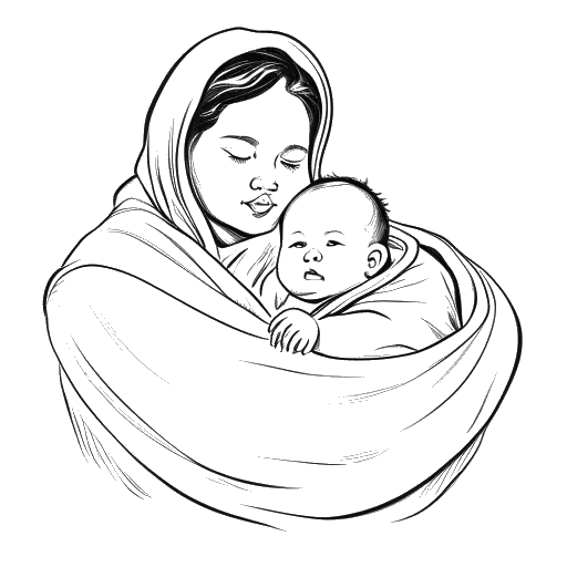 Strichzeichnung eines Babys, das KallMeKris darstellt, mit zwei Geschwistern und Eltern im Hintergrund