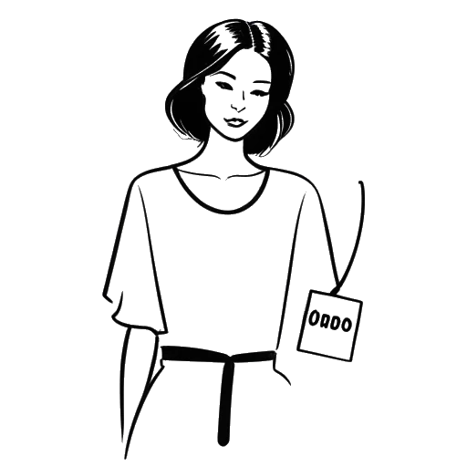 Dibujo de arte lineal de una mujer sosteniendo una etiqueta de ropa, representando a KallMeKris, con el nombre de la marca 'Otto By Kris' en la etiqueta