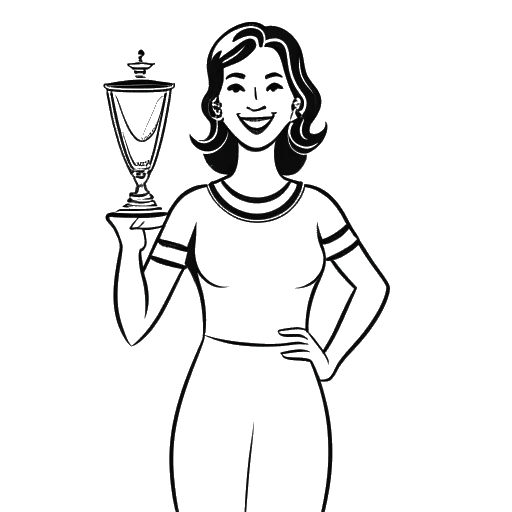 Desenho em arte de linha de uma mulher segurando um troféu, representando KallMeKris, com o número 5 e um cifrão exibidos no troféu