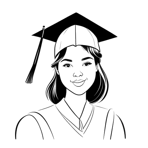 Line art drawing of a young woman in a graduation cap, representing KallMeKris, holding a diploma