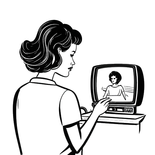 Line drawing of a woman cutting hair, representing KallMeKris, with a TV set in the background.