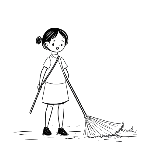 Line art drawing of a young girl with a broom, representing KallMeKris, cleaning a house
