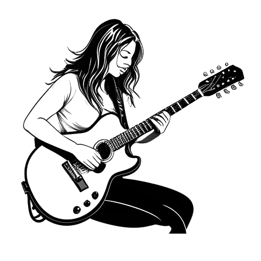 Dessin au trait d'une femme jouant de la guitare, représentant KallMeKris, avec le logo de Nickelback affiché en arrière-plan