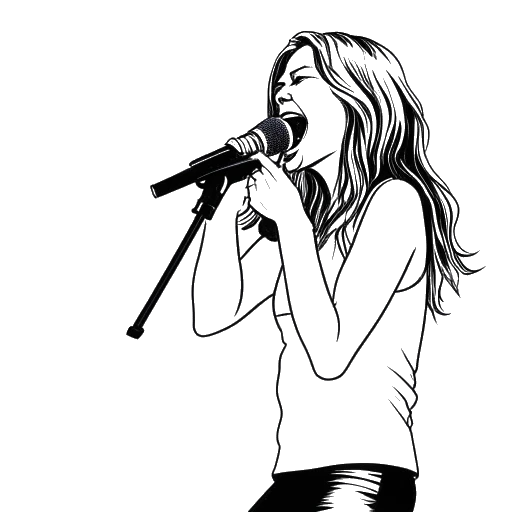 Dessin au trait d'une femme chantant sur scène, représentant KallMeKris, avec le logo de Nickelback affiché sur la scène