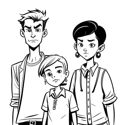 Desenho em arte de linha de três personagens: uma fã de vampiros de 12 anos de idade, um rapaz de Boston chamado Chad e uma mãe cansada, representando os personagens recorrentes populares de KallMeKris