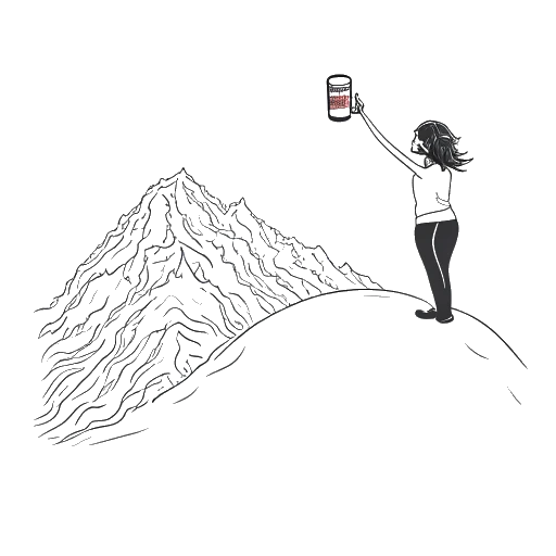 Line art drawing of a woman holding a large can of Red Bull, representing KallMeKris, standing on a mountain top, surrounded by 10 million tiny followers