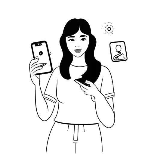 Dibujo de arte lineal de una mujer sosteniendo un teléfono y una tableta, representando a KallMeKris, con los logotipos de TikTok y YouTube en las pantallas