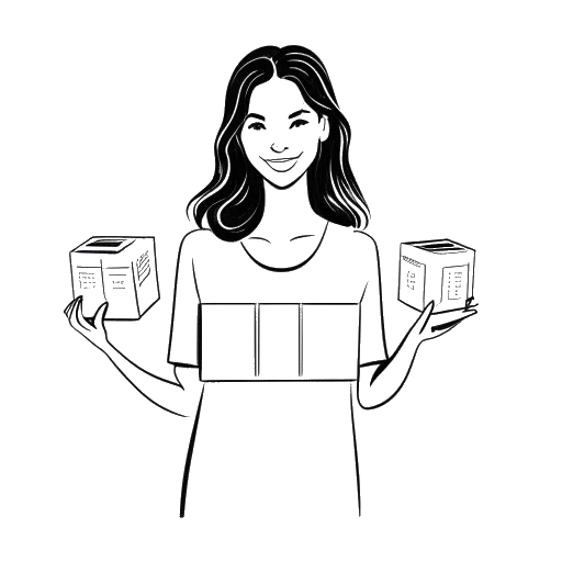 Desenho em arte de linha de uma mulher segurando três caixas, representando KallMeKris, cada uma exibindo os logos da Amazon, Lionsgate e Pantene