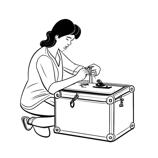 Line drawing of a woman packing a suitcase, representing KallMeKris, with a lock and key in the background.