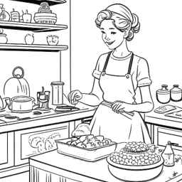 Line art drawing of a woman, representing QTCinderella, baking in a kitchen filled with cake ingredients and equipment.