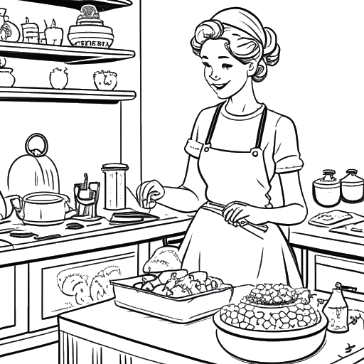 Line art drawing of a woman representing QTCinderella, baking in a kitchen filled with cake ingredients and equipment, set against a white backdrop.