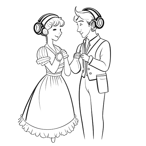 Line art drawing of QTCinderella listening to music and holding hands with Ludwig, set against a white backdrop.