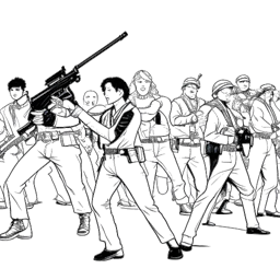 Strichzeichnung von QtCindrella, die von Waffen mit Laserpointern während eines Swats auf sie gezeigt wird, auf weißem Hintergrund.