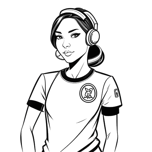 Dibujo de arte lineal de una mujer, representando a QTCinderella, vistiendo una camiseta de Team SoloMid (TSM).