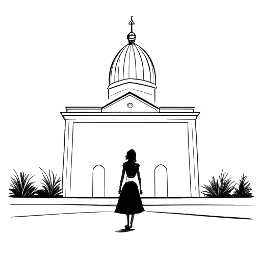 Dibujo de arte lineal de una mujer, representando a QTCinderella, saliendo de un edificio religioso.