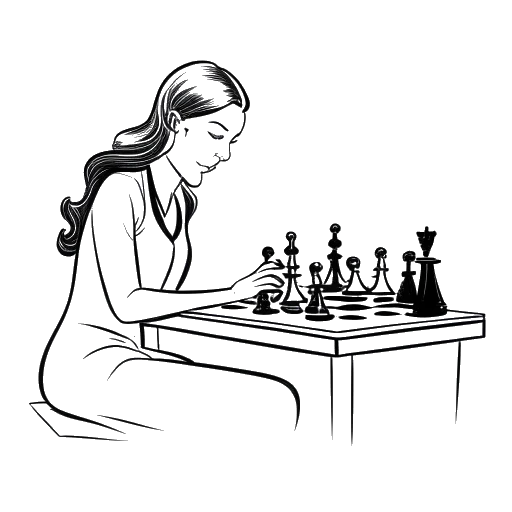 Desenho de arte de linha de uma mulher, representando QTCinderella, jogando xadrez.