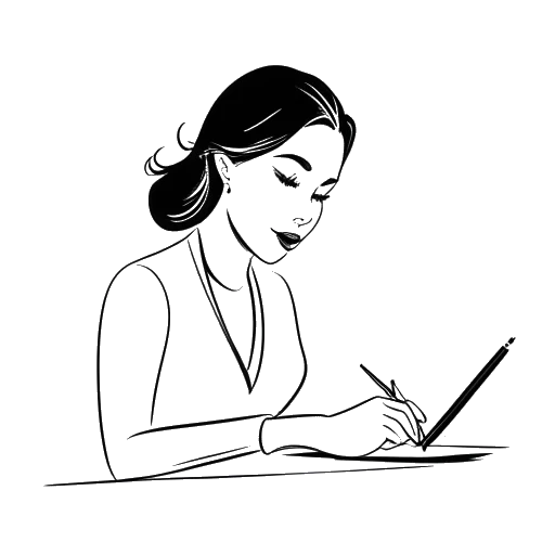 Desenho de linha de arte de uma mulher, representando QTCinderella, assinando um contrato.