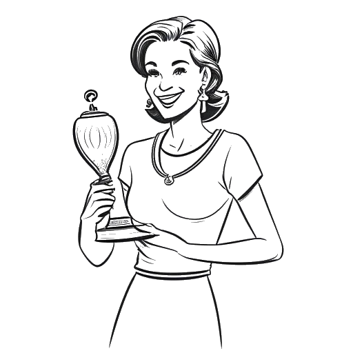 Line art drawing of a woman, representing QTCinderella, holding a trophy.