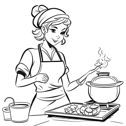 Line art drawing of a woman, representing QTCinderella, hosting a cooking competition.