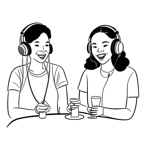Line art drawing of two women, representing QTCinderella and Maya Higa, hosting a podcast.