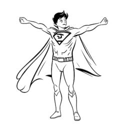 Lijntekening van een tienerjongen die Caleb Coffee vertegenwoordigt in een triomfantelijke supermanpose met een cape, waarbij zijn veerkracht en genezing worden benadrukt.