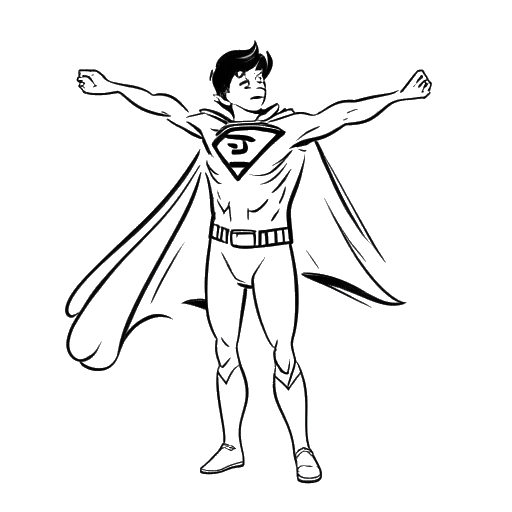 Line art drawing of a teenage boy, representing Caleb Coffee, in a triumphant superman pose with a cape, highlighting his resilience and healing.