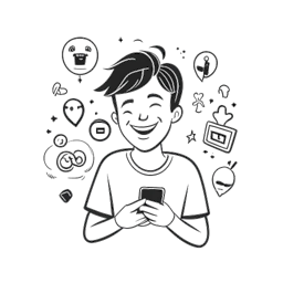 Line art drawing of a boy representing Caleb Coffee looking joyfully at his phone, surrounded by icons for Vine, TikTok, Instagram, Twitch, and YouTube, signifying his social media presence.