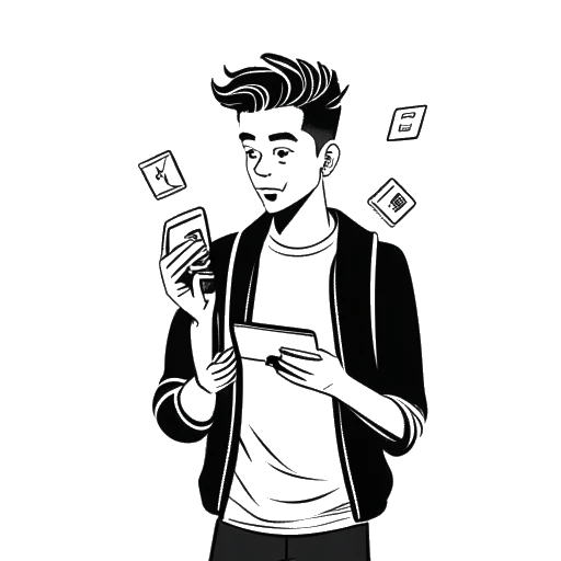 Disegno a linea di un giovane uomo che rappresenta Caleb Coffee, elegantemente acconciato, che tiene uno smartphone che mostra TikTok. Monete e banconote appaiono come notifiche, simboleggiano flussi di reddito contro uno sfondo bianco.