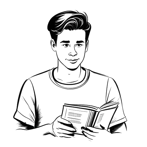 Dibujo de líneas de un joven, representando a Caleb Coffee, sosteniendo un guion de película con el logo de una red social en el fondo.