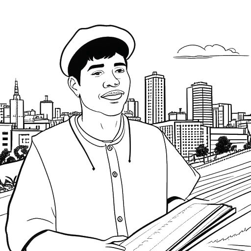 Line art drawing of a young man, representing Caleb Coffee, wearing a graduation cap and holding a diploma with a Los Angeles skyline in the background.